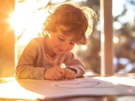 ai gegenereerd kinderen maken hartvormig papier cadeaus naar uitdrukken hun liefde naar hun moeders Aan moeder dag. foto