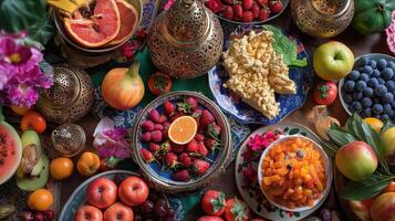 ai gegenereerd een overvloedig Scherm van fruit, snoepgoed, en lekkernijen gelegd uit Aan een tafel in voorbereiding voor de eid al-adha foto