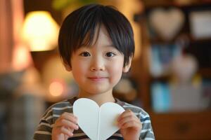 ai gegenereerd kinderen maken hartvormig papier cadeaus naar uitdrukken hun liefde naar hun moeders Aan moeder dag. foto