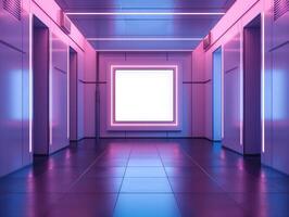 een mockup van een blanco plein foto kader hangende in de midden- van muur met futuristisch, cyberpunk decoratie