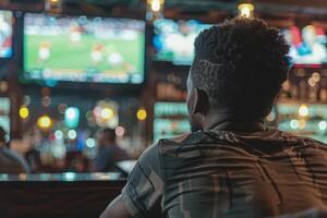 ai gegenereerd sport- fans aan het kijken Amerikaans voetbal spel Bij bar foto