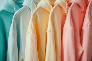 ai gegenereerd veel van kleurrijk hoodies hangende Aan kleren hangers foto