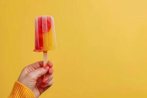 ai gegenereerd vrouw hand- houdt levendig fruit ijs knal tegen geel backdrop foto