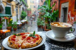 ai gegenereerd kop van koffie en plak van pizza in buitenshuis cafe Aan straat in oud stad- foto