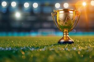 ai gegenereerd gouden trofee kop Aan veld- onder stadion lichten foto