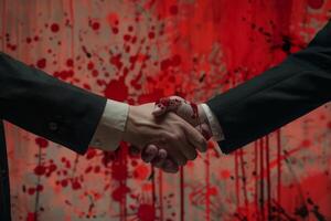 ai gegenereerd zakenlieden afdichting transactie met bloederig handdruk tegen rood spetterde achtergrond foto
