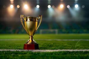 ai gegenereerd gouden trofee kop Aan veld- onder stadion lichten foto