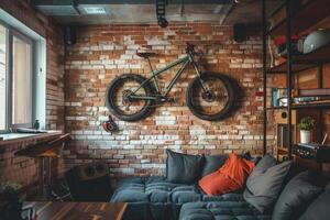 ai gegenereerd sport fiets hangende Aan muur in appartement, functioneel leven ruimte foto