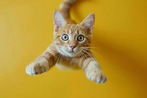 speels gestreept kat jumping tegen geel achtergrond foto