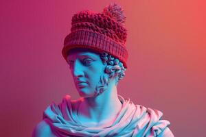 antiek gips standbeeld van Mens vervelend gebreid hipster hoed foto