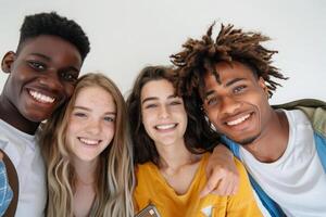 vrolijk multiraciaal vrienden nemen een groep selfie samen foto