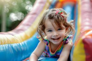 gelukkig kind Aan kleurrijk stuiteren glijbaan voor kinderen vermaak in achtertuin foto