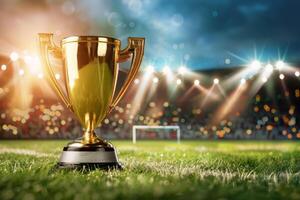 gouden trofee kop Aan veld- onder stadion lichten foto