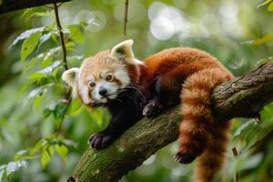 rood panda Aan boom Afdeling in Woud leefgebied foto