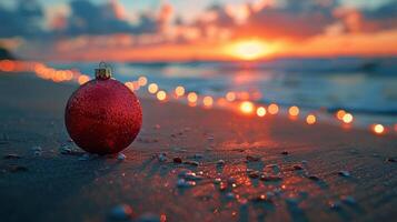 ai gegenereerd rood ornament Aan zanderig strand foto