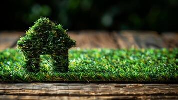 ai gegenereerd gras huis Aan houten tafel foto