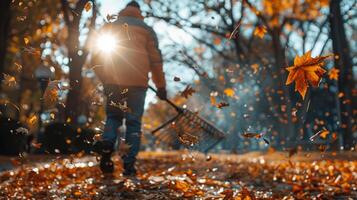 ai gegenereerd Mens wandelen door bladeren met bezem foto