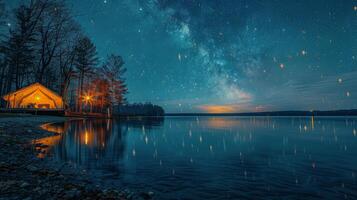 ai gegenereerd tent door meer onder sterrenhemel nacht lucht foto