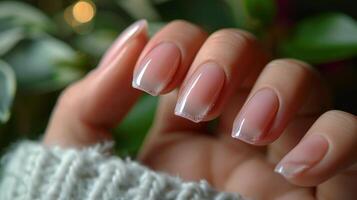 ai gegenereerd dames hand- met wit en roze manicure foto