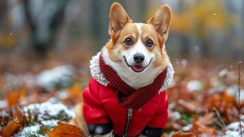 ai gegenereerd bruin hond in rood jasje en grijs hoed foto