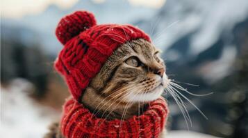 ai gegenereerd kat vervelend rood gebreid hoed op zoek omhoog foto