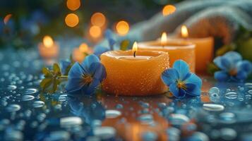 ai gegenereerd groep van kaarsen met blauw bloemen Aan tafel foto