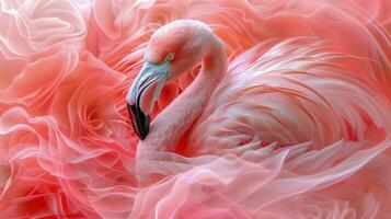 ai gegenereerd roze flamingo detailopname Aan rood achtergrond foto