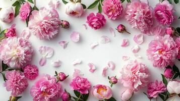 ai gegenereerd roze en wit bloemen Aan wit oppervlakte foto