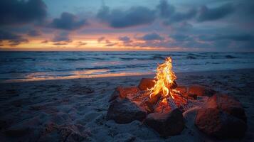 ai gegenereerd kampvuur brandend Aan strand met oceaan achtergrond foto