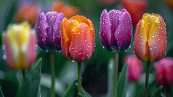 ai gegenereerd groep van bloemen met water druppels foto