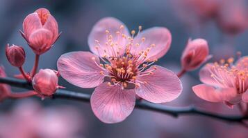 ai gegenereerd dichtbij omhoog van roze bloem Aan boom foto