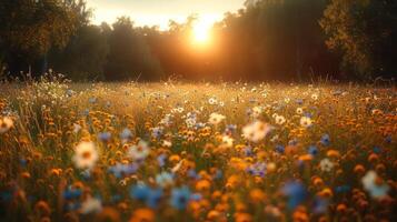 ai gegenereerd veld- van bloemen Bij zonsondergang foto