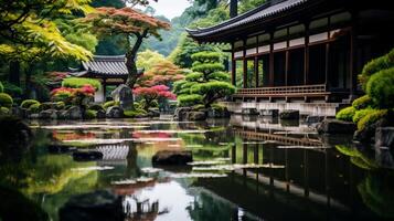 ai gegenereerd een zen tempel binnenplaats met een vijver en reflectie. generatief ai foto