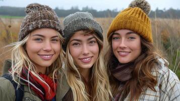 ai gegenereerd drie Dames staand in veld- foto