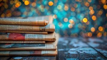 ai gegenereerd stack van drie boeken Aan houten tafel foto