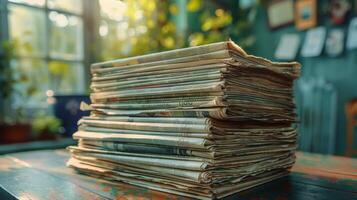 ai gegenereerd stack van papieren Aan houten tafel foto