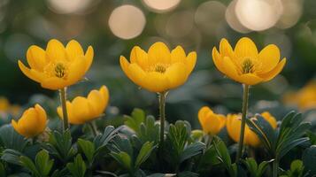 ai gegenereerd veld- van geel bloemen met zon achtergrond foto