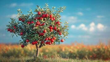 ai gegenereerd appel boom in veld- onder blauw lucht foto