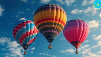 ai gegenereerd drie heet lucht ballonnen stijgend door lucht foto