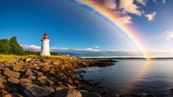 ai gegenereerd regenboog over- een kust- vuurtoren. generatief ai foto