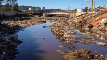 ai gegenereerd een rivier- vervuild met industrieel verspilling en verontreinigende stoffen. generatief ai foto