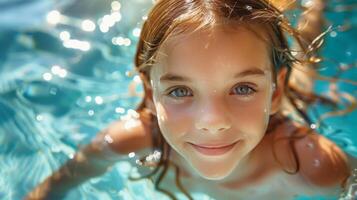 ai gegenereerd jong meisje zwemmen onderwater- in zwembad foto