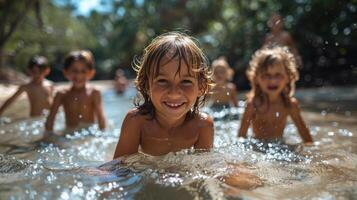 ai gegenereerd kinderen spelen in een zwembad foto