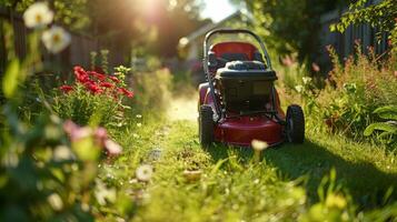 ai gegenereerd rood gazon maaier Aan groen gazon foto