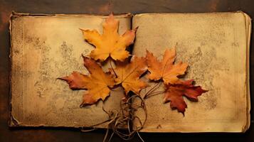 ai gegenereerd herfst bladeren Aan een oud boek omslag. generatief ai foto
