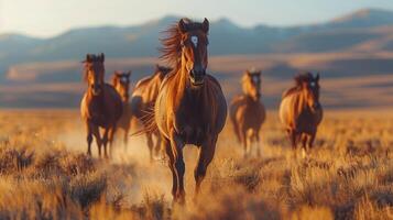 ai gegenereerd groep van paarden rennen in veld- foto