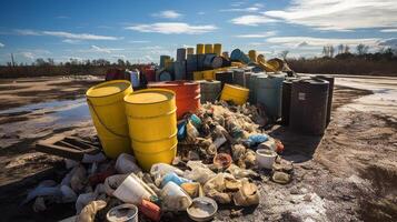 ai gegenereerd chemisch verspilling verwijdering in onwettig dumping plaats. generatief ai foto