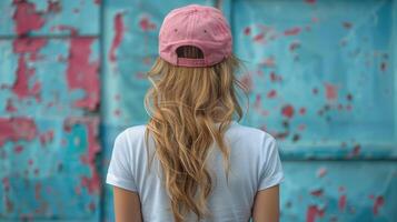 ai gegenereerd vrouw met lang haar- vervelend roze hoed foto