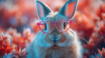 ai gegenereerd konijn vervelend hart vormig bril tussen roze veren foto
