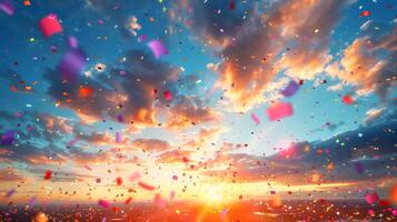 ai gegenereerd levendig confetti vulling de lucht foto